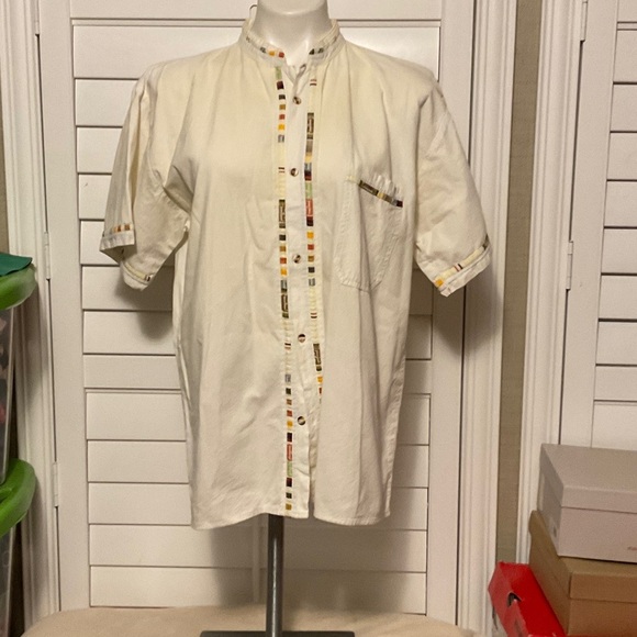 Women's Cream Button Down Shirt with Patterned Accents - Picture 1 of 6